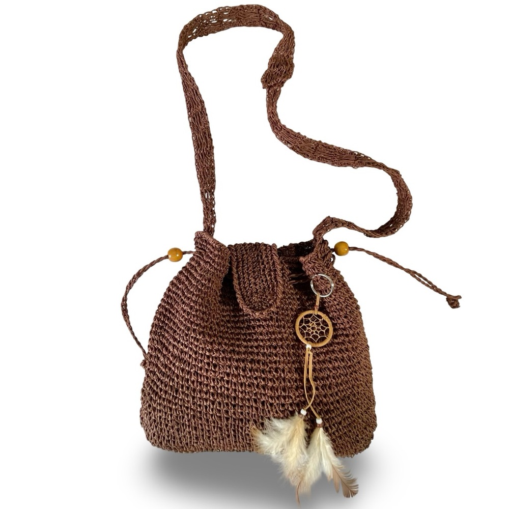 Sassy Brown Woven Raffia Drawstring Crossbody Shoulder Bag Dreamcatcher Charm